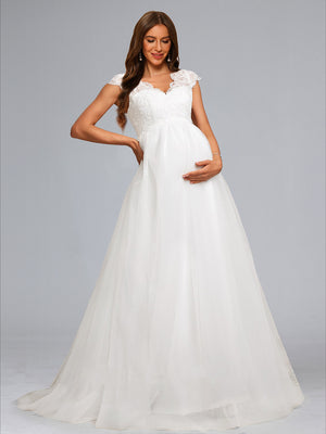 A-Line/Princess V-Neck Long Tulle Luxurious Baby Shower Wedding Dresses with Appliques