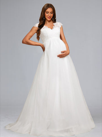 A-Line/Princess V-Neck Long Tulle Luxurious Baby Shower Wedding Dresses with Appliques