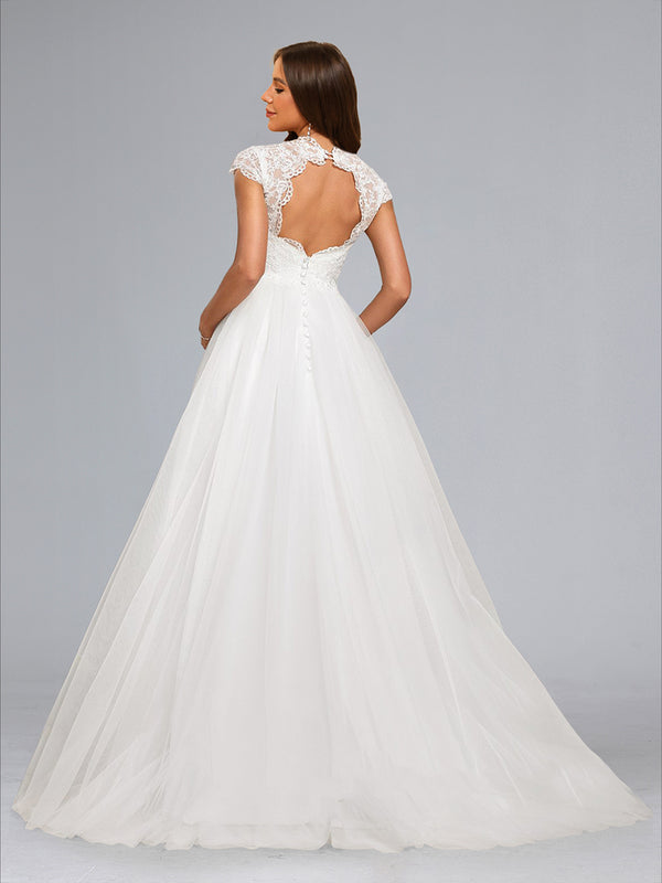 A-Line/Princess V-Neck Long Tulle Luxurious Baby Shower Wedding Dresses with Appliques