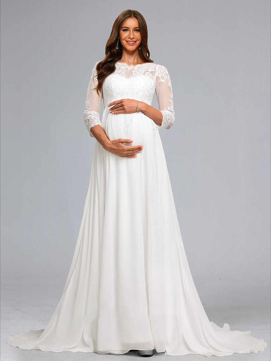 A-Line/Princess Scoop 3/4 Sleeves Chiffon Maternity Wedding Dresses with Lace Appliques