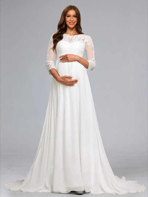 A-Line/Princess Scoop 3/4 Sleeves Chiffon Baby Shower Wedding Dresses with Lace Appliques