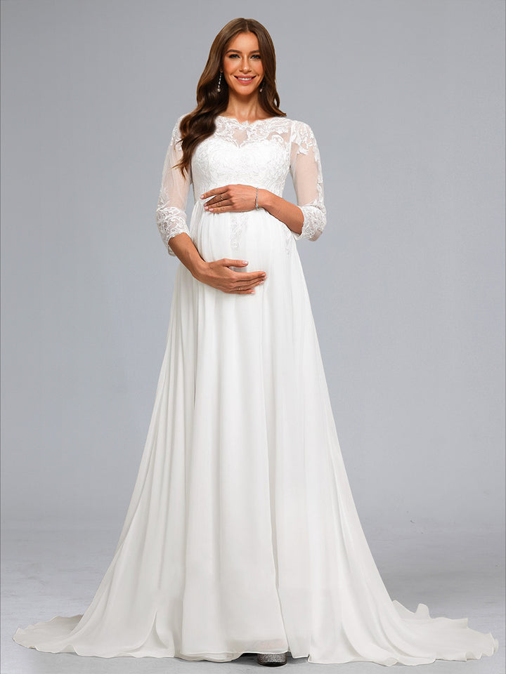 A-Line/Princess Scoop 3/4 Sleeves Chiffon Maternity Wedding Dresses with Lace Appliques