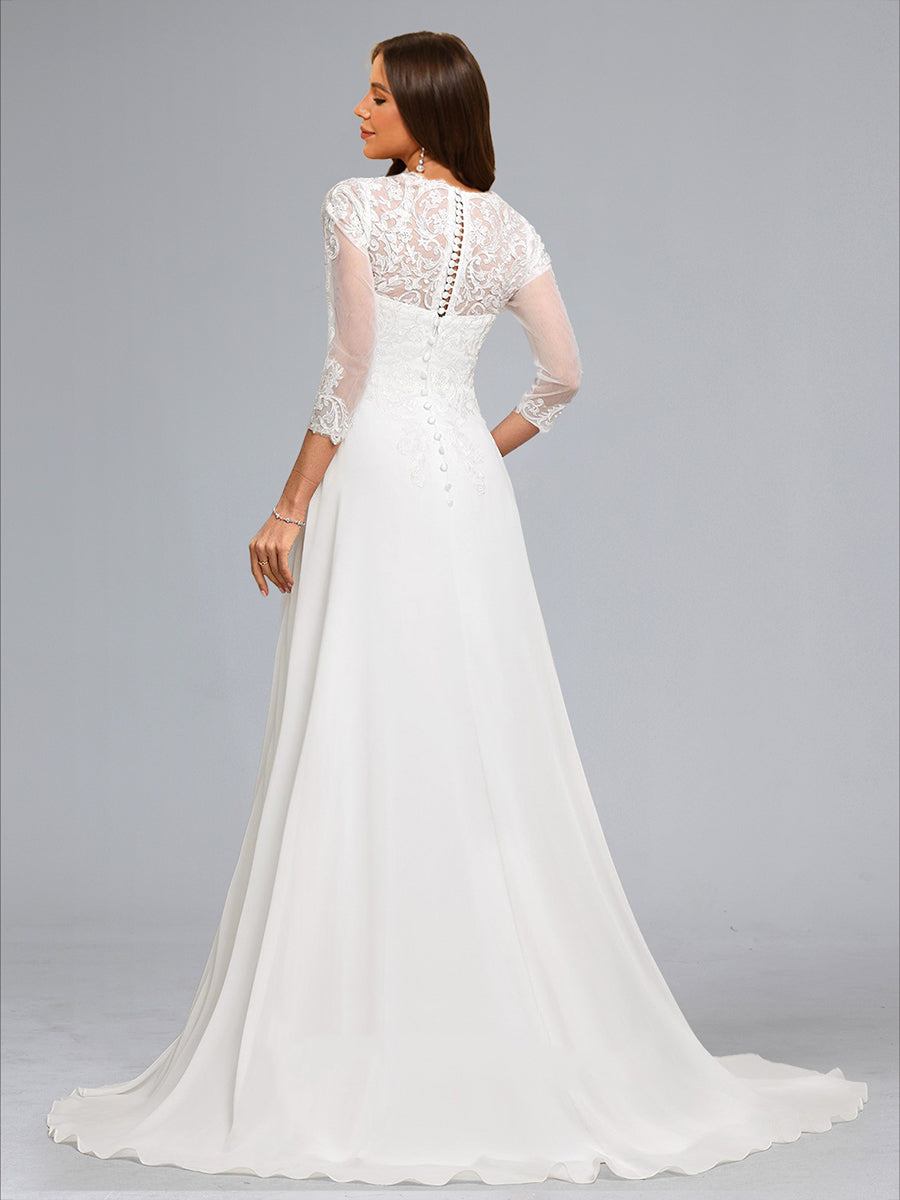 A-Line/Princess Scoop 3/4 Sleeves Chiffon Maternity Wedding Dresses with Lace Appliques