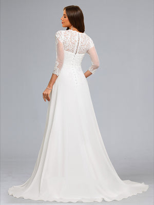 A-Line/Princess Scoop 3/4 Sleeves Chiffon Baby Shower Wedding Dresses with Lace Appliques
