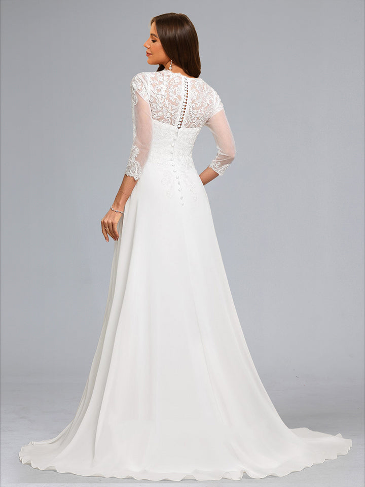 A-Line/Princess Scoop 3/4 Sleeves Chiffon Maternity Wedding Dresses with Lace Appliques