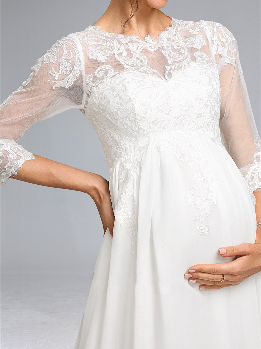 A-Line/Princess Scoop 3/4 Sleeves Chiffon Maternity Wedding Dresses with Lace Appliques