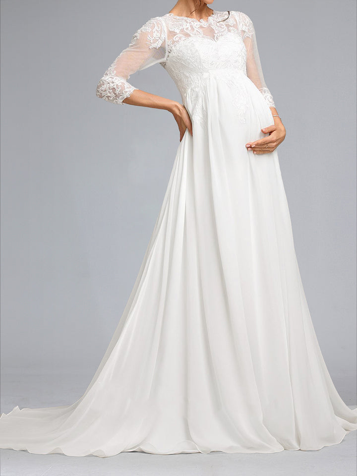 A-Line/Princess Scoop 3/4 Sleeves Chiffon Maternity Wedding Dresses with Lace Appliques