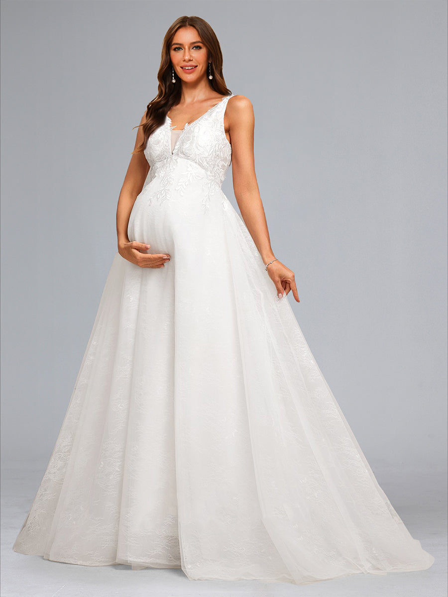 Ball Gown V-Neck Sleeveless Long Elegant Baby Shower Wedding Dresses with Appliques