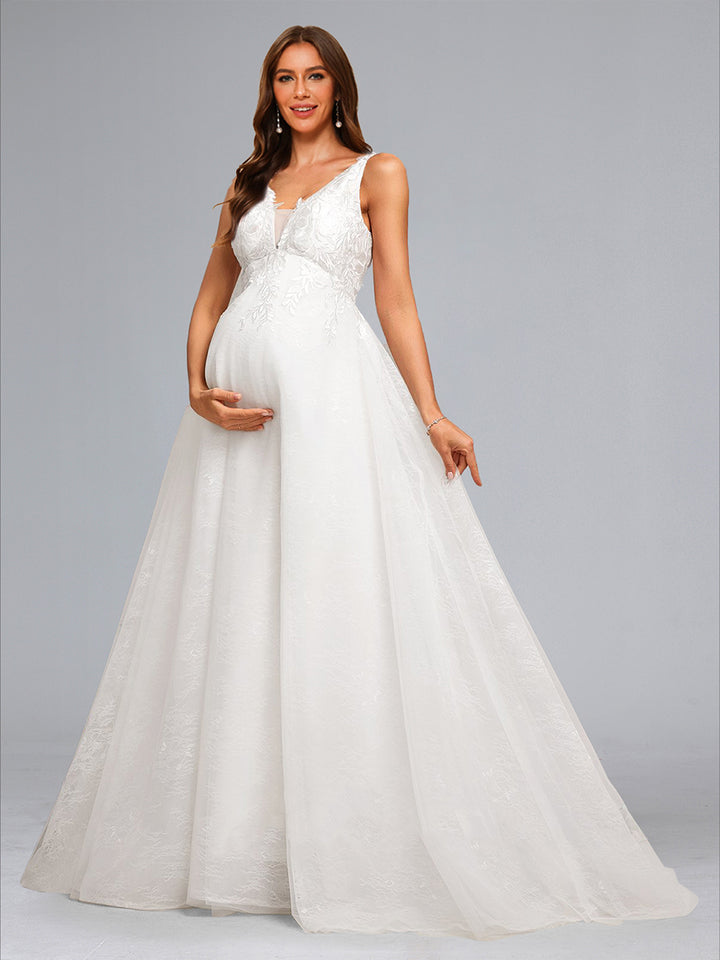 Ball Gown V-Neck Sleeveless Long Elegant Maternity Wedding Dresses with Appliques