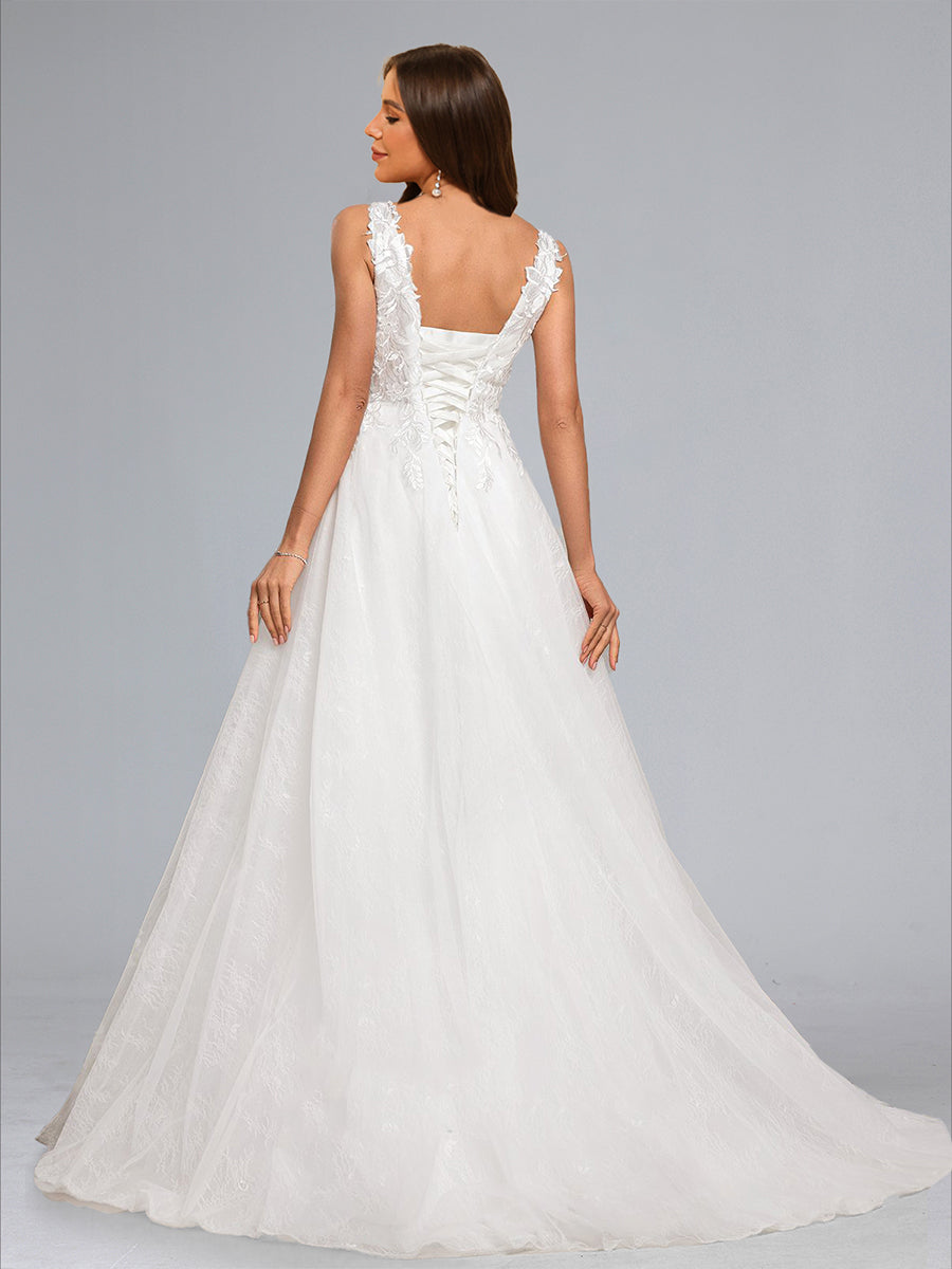 Ball Gown V-Neck Sleeveless Long Elegant Baby Shower Wedding Dresses with Appliques