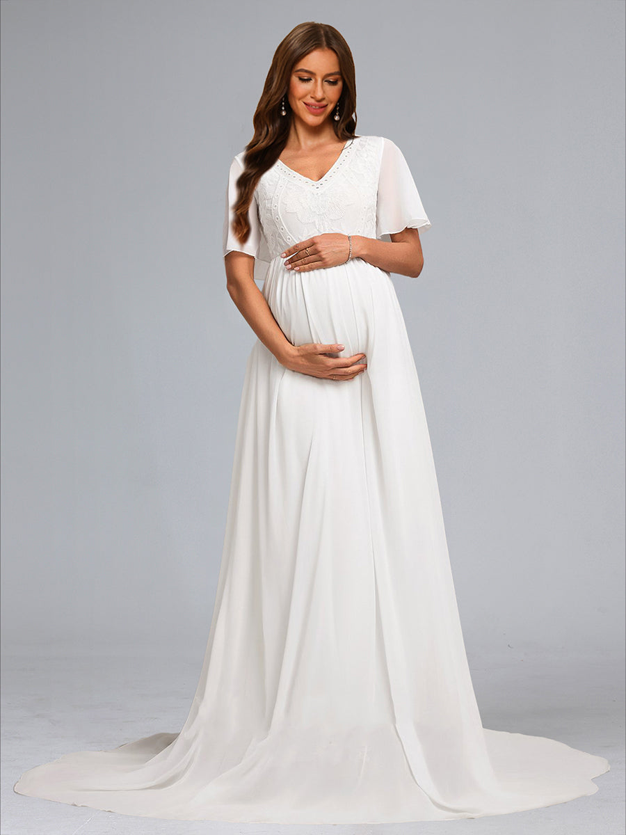 A-Line/Princess V-Neck Short Sleeves Maternity Wedding Dresses with Embroidery Appliques