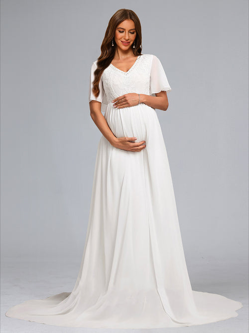 A-Line/Princess V-Neck Short Sleeves Baby Shower Wedding Dresses with Embroidery Appliques