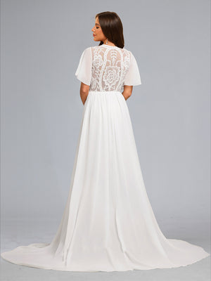 A-Line/Princess V-Neck Short Sleeves Baby Shower Wedding Dresses with Embroidery Appliques