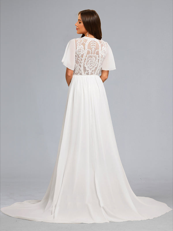 A-Line/Princess V-Neck Short Sleeves Baby Shower Wedding Dresses with Embroidery Appliques