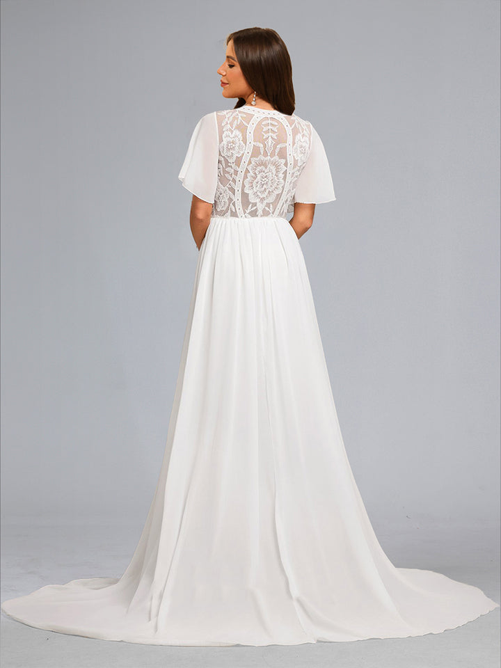 A-Line/Princess V-Neck Short Sleeves Maternity Wedding Dresses with Embroidery Appliques