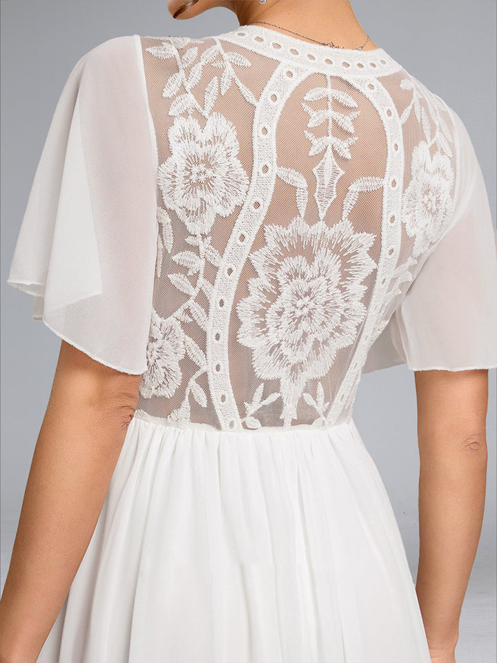 A-Line/Princess V-Neck Short Sleeves Maternity Wedding Dresses with Embroidery Appliques