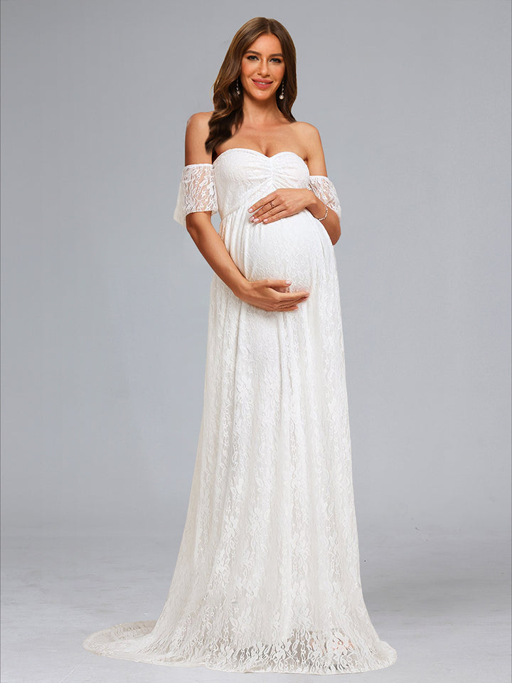 A-Line/Princess Strapless Short Sleeves Ruched Lace Maternity Wedding Dresses with Appliques