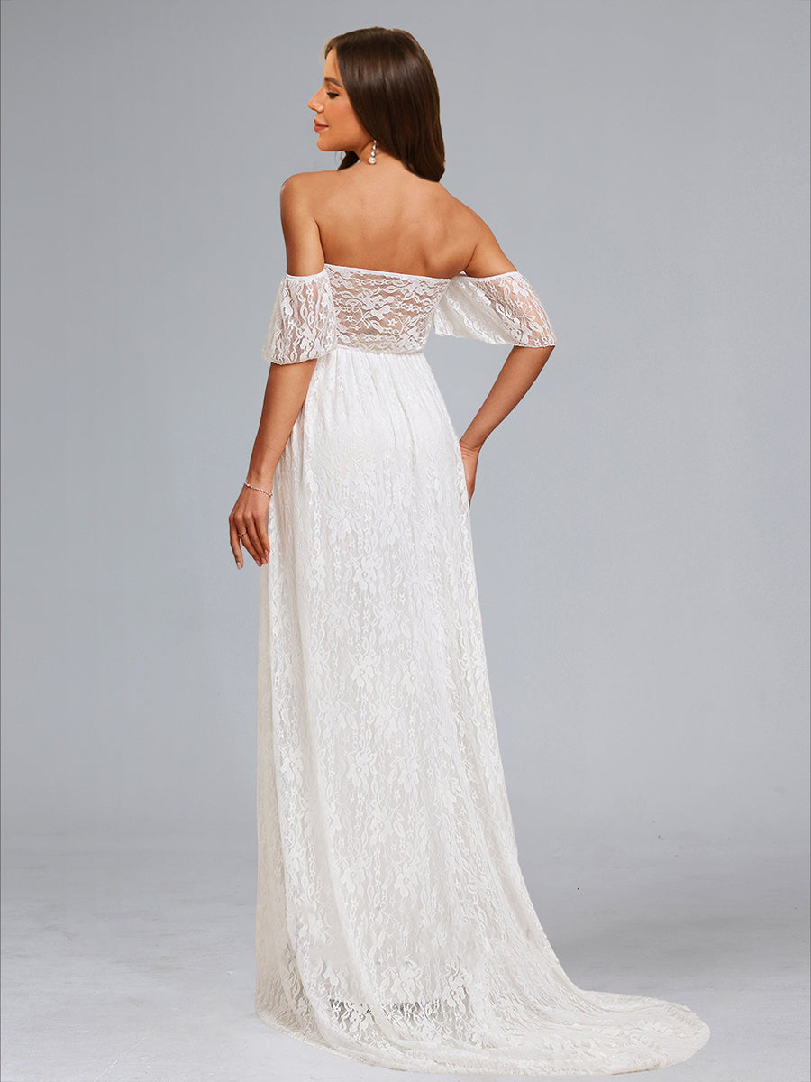 A-Line/Princess Strapless Short Sleeves Ruched Lace Maternity Wedding Dresses with Appliques