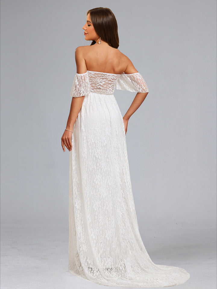 A-Line/Princess Strapless Short Sleeves Ruched Lace Maternity Wedding Dresses with Appliques