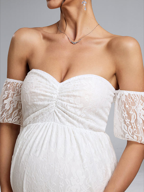 A-Line/Princess Strapless Short Sleeves Ruched Lace Baby Shower Wedding Dresses with Appliques