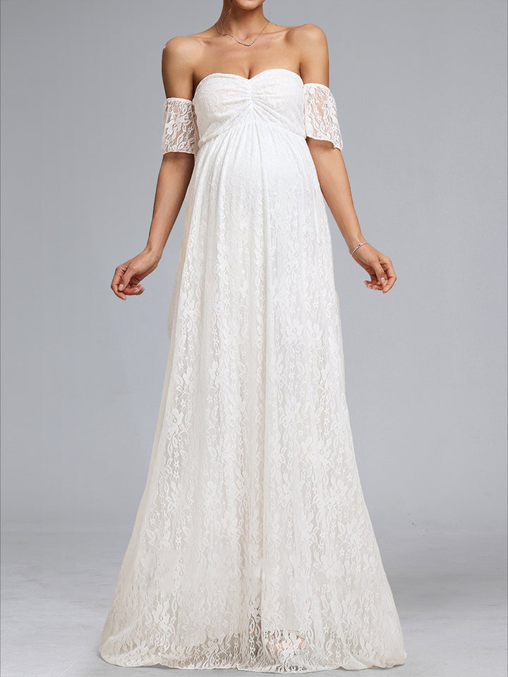 A-Line/Princess Strapless Short Sleeves Ruched Lace Maternity Wedding Dresses with Appliques