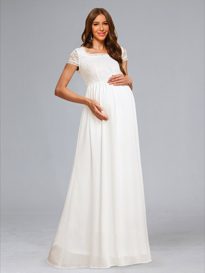 A-Line/Princess Square Neck Short Sleeves Long Appliques Maternity Wedding Dresses