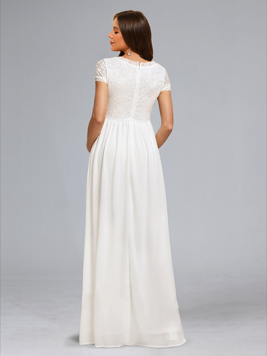 A-Line/Princess Square Neck Short Sleeves Long Appliques Maternity Wedding Dresses