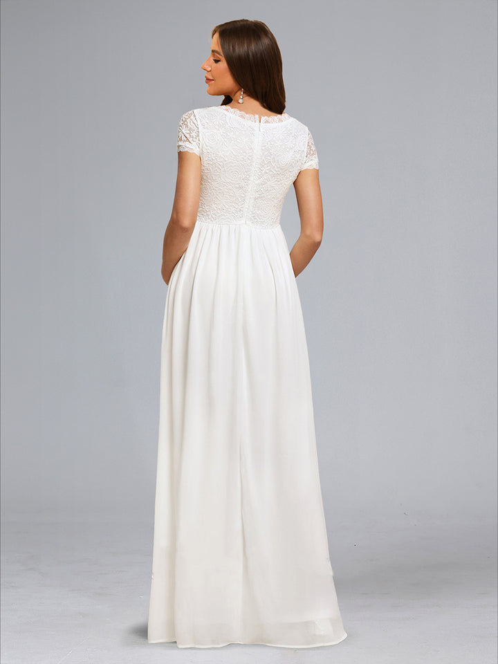 A-Line/Princess Square Neck Short Sleeves Long Appliques Maternity Wedding Dresses