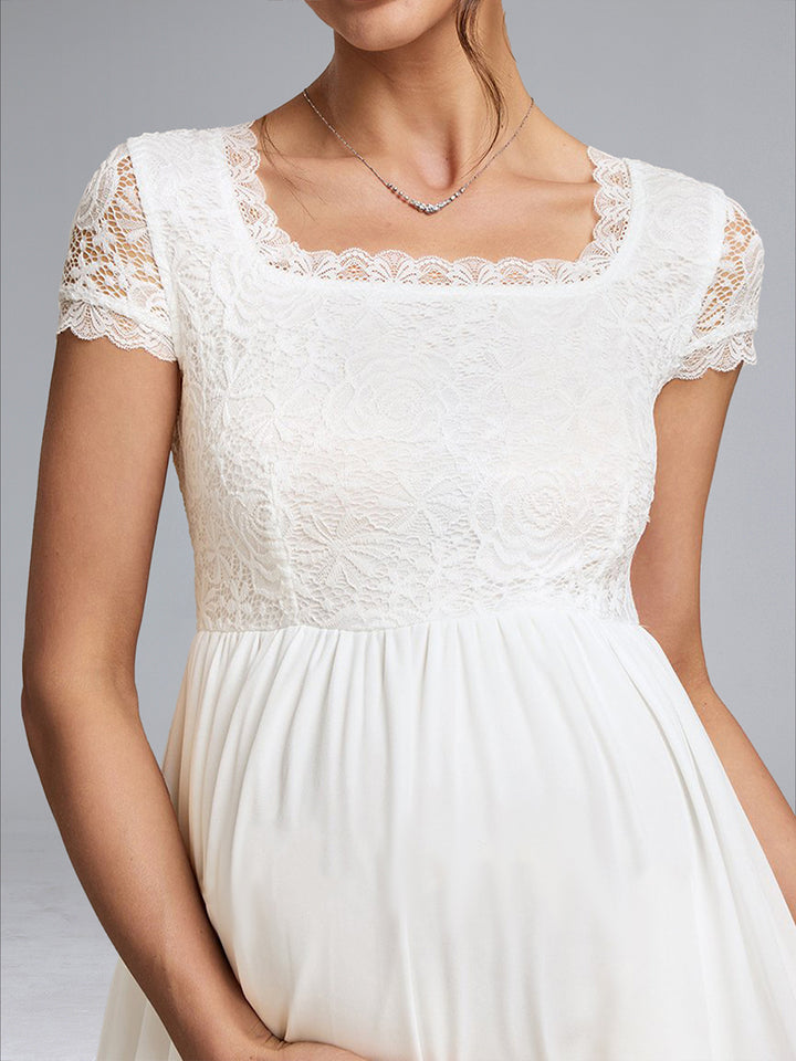 A-Line/Princess Square Neck Short Sleeves Long Appliques Maternity Wedding Dresses