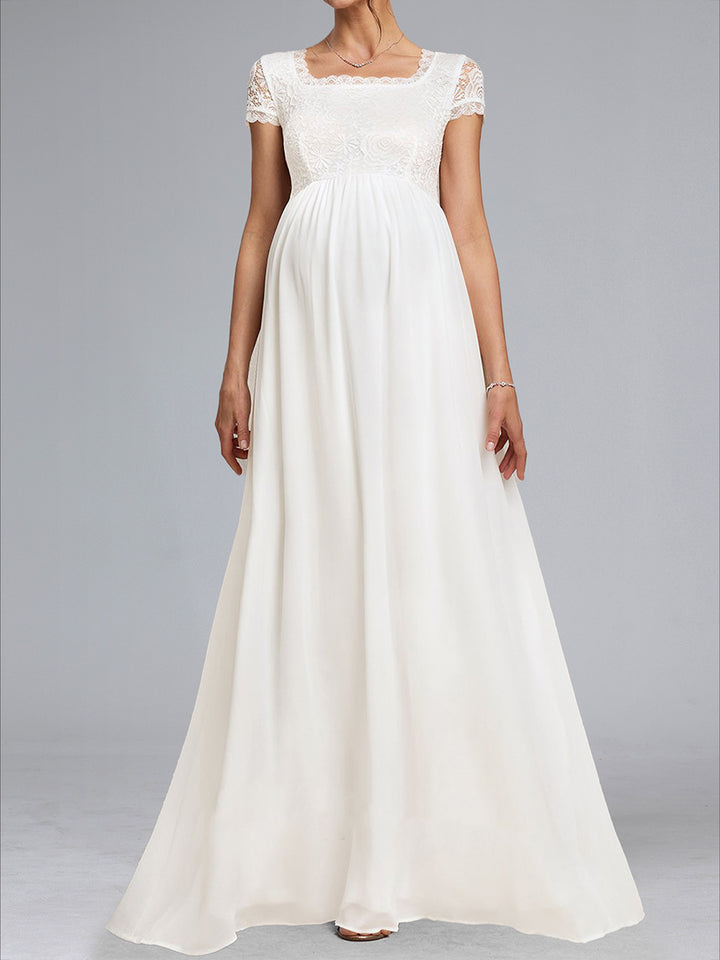 A-Line/Princess Square Neck Short Sleeves Long Appliques Maternity Wedding Dresses