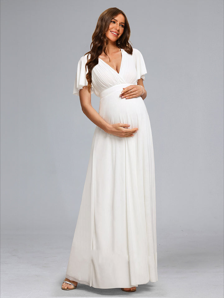 A-Line/Princess V-Neck Ruched Floor-Length Maternity Wedding Dresses with Ruffles