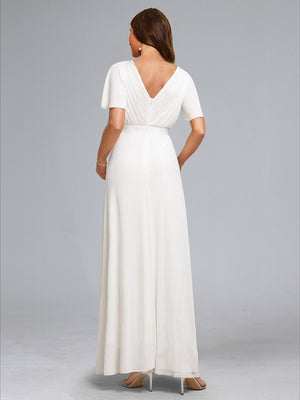 A-Line/Princess V-Neck Ruched Floor-Length Baby Shower Wedding Dresses with Ruffles