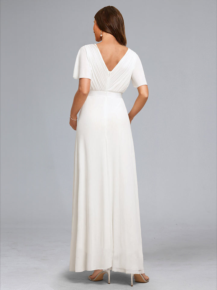 A-Line/Princess V-Neck Ruched Floor-Length Maternity Wedding Dresses with Ruffles