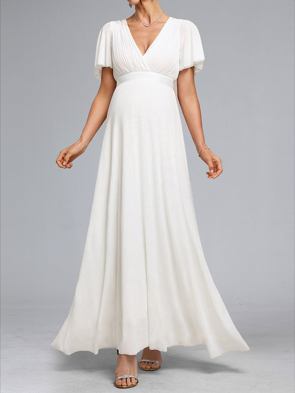 A-Line/Princess V-Neck Ruched Floor-Length Baby Shower Wedding Dresses with Ruffles