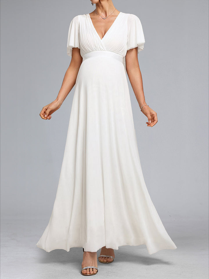 A-Line/Princess V-Neck Ruched Floor-Length Maternity Wedding Dresses with Ruffles