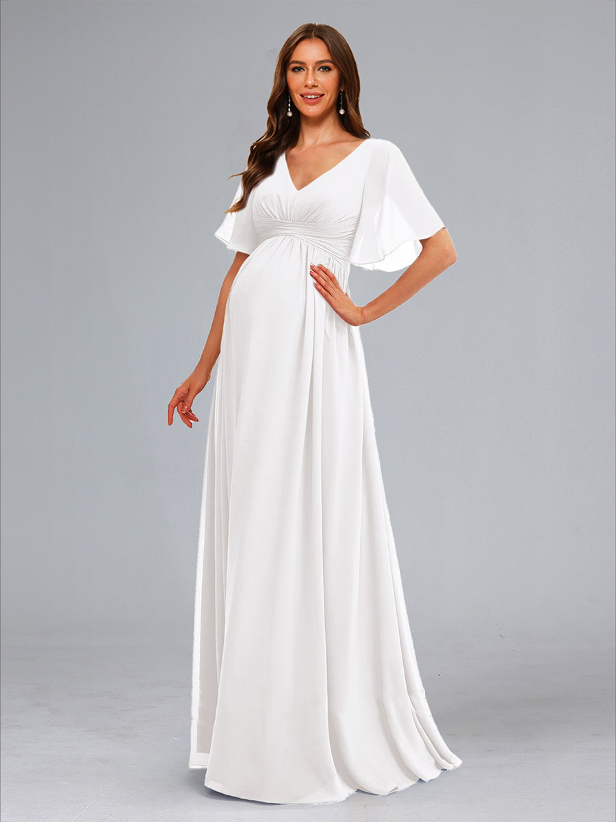 A-Line/Princess V-Neck Ruched Flutter Sleeves Long Baby Shower Wedding Dresses with Ruffles