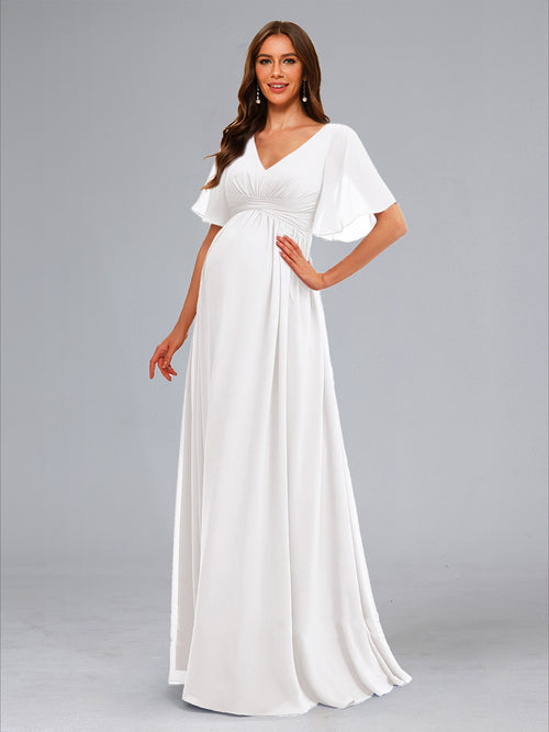 A-Line/Princess V-Neck Ruched Flutter Sleeves Long Baby Shower Wedding Dresses with Ruffles