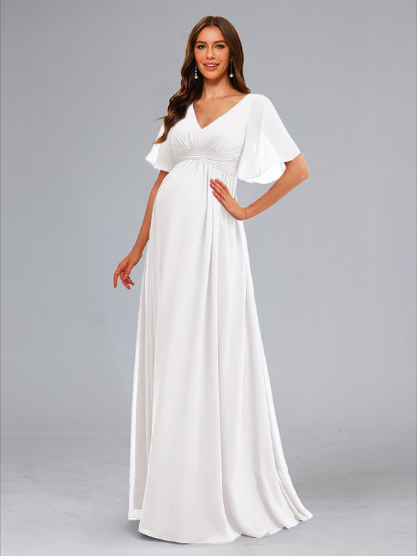 A-Line/Princess V-Neck Ruched Flutter Sleeves Long Baby Shower Wedding Dresses with Ruffles
