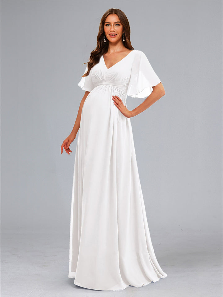A-Line/Princess V-Neck Ruched Flutter Sleeves Long Maternity Wedding Dresses with Ruffles