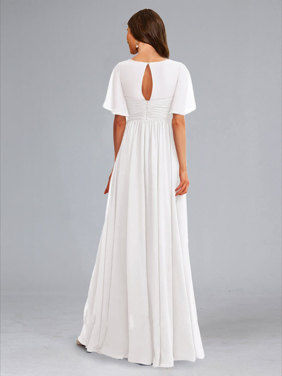 A-Line/Princess V-Neck Ruched Flutter Sleeves Long Baby Shower Wedding Dresses with Ruffles