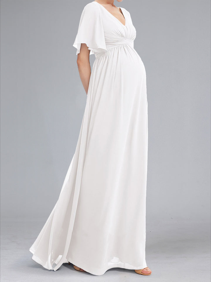 A-Line/Princess V-Neck Ruched Flutter Sleeves Long Maternity Wedding Dresses with Ruffles
