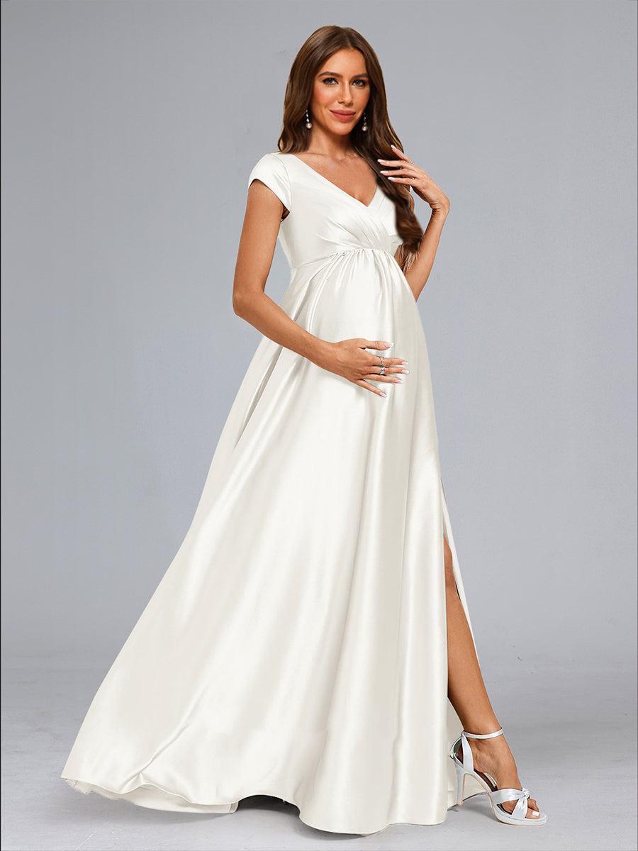 A-Line/Princess V-Neck Cap Sleeves Luxurious Maternity Wedding Dresses with Split Side