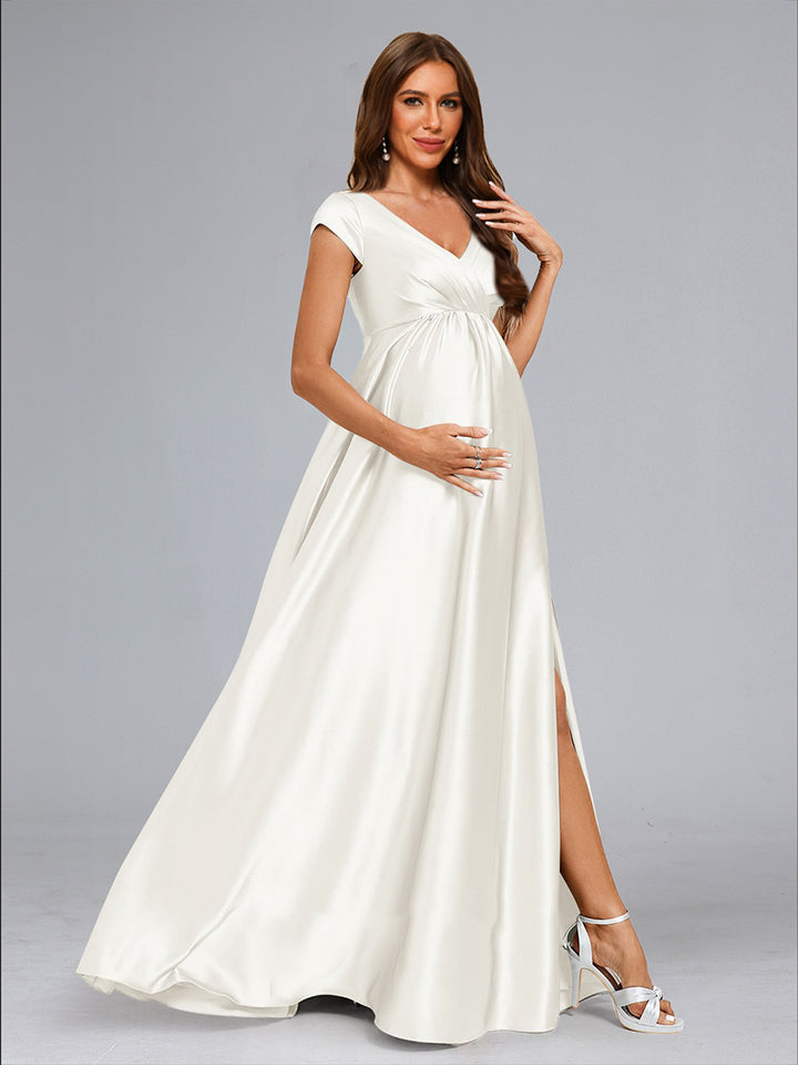 A-Line/Princess V-Neck Cap Sleeves Luxurious Maternity Wedding Dresses with Split Side