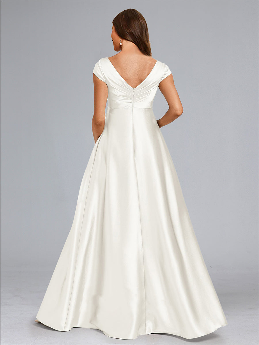 A-Line/Princess V-Neck Cap Sleeves Luxurious Baby Shower Wedding Dresses with Split Side