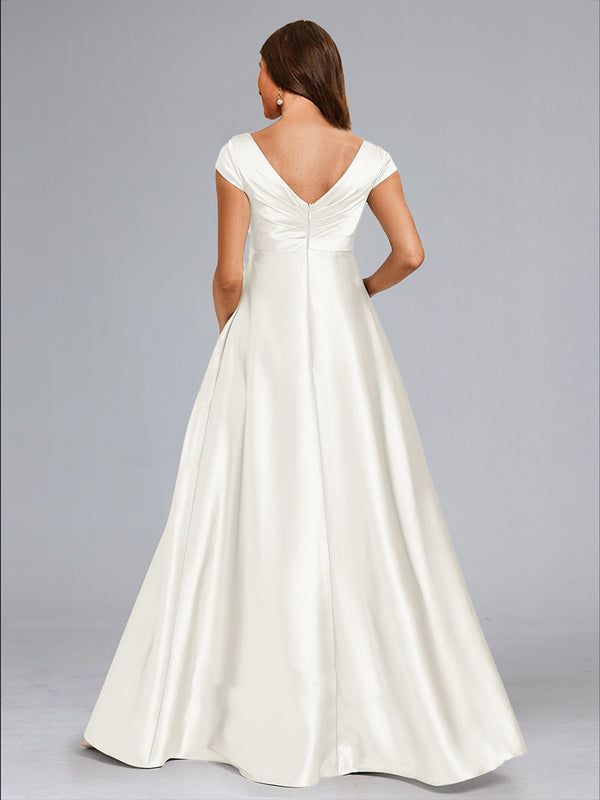 A-Line/Princess V-Neck Cap Sleeves Luxurious Baby Shower Wedding Dresses with Split Side