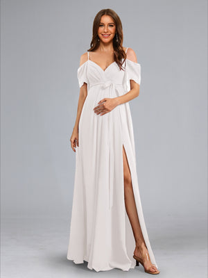 A-Line/Princess Cold Shoulder Ruched Floor-Length Baby Shower Wedding Dresses with Side Slit & Sash