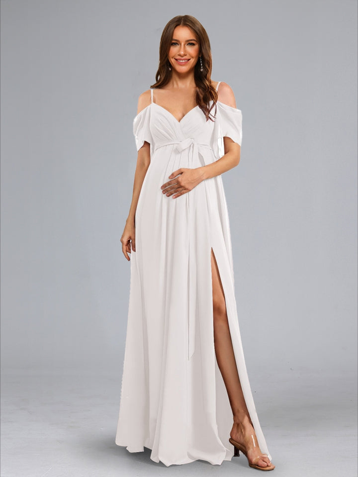 A-Line/Princess Cold Shoulder Ruched Floor-Length Maternity Wedding Dresses with Side Slit &amp; Sash