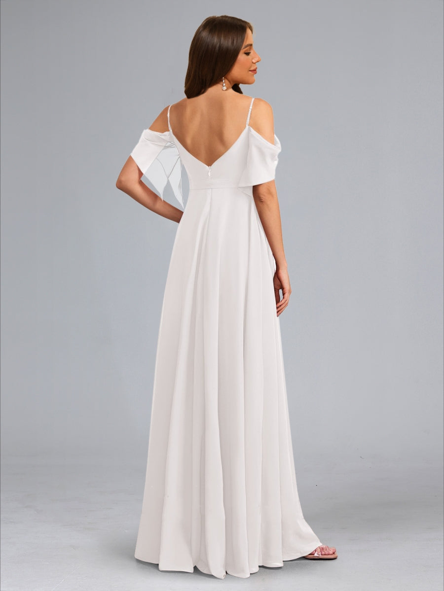 A-Line/Princess Cold Shoulder Ruched Floor-Length Maternity Wedding Dresses with Side Slit &amp; Sash