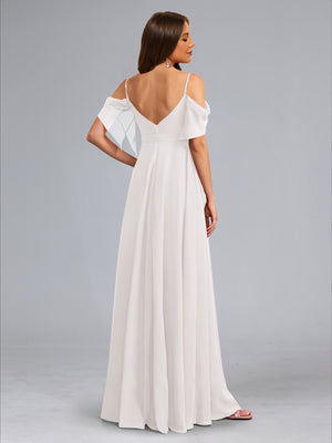 A-Line/Princess Cold Shoulder Ruched Floor-Length Baby Shower Wedding Dresses with Side Slit & Sash