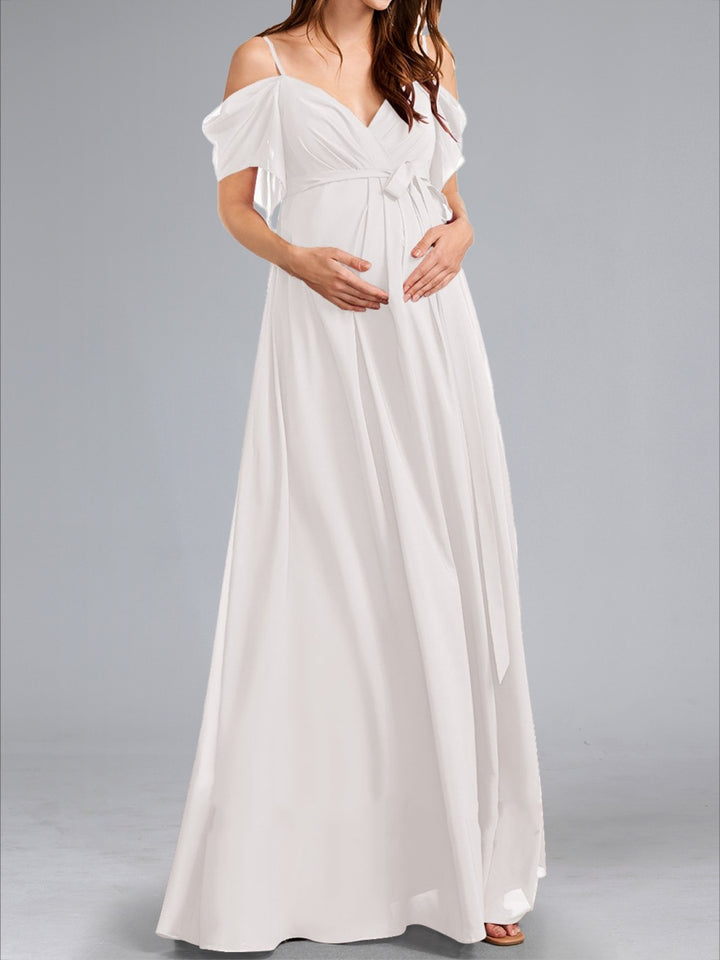 A-Line/Princess Cold Shoulder Ruched Floor-Length Maternity Wedding Dresses with Side Slit &amp; Sash